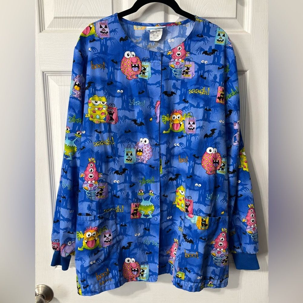 Halloween Fashion Scrubs Jacket Top Large Blue LS Pockets Monsters Aliens Bats